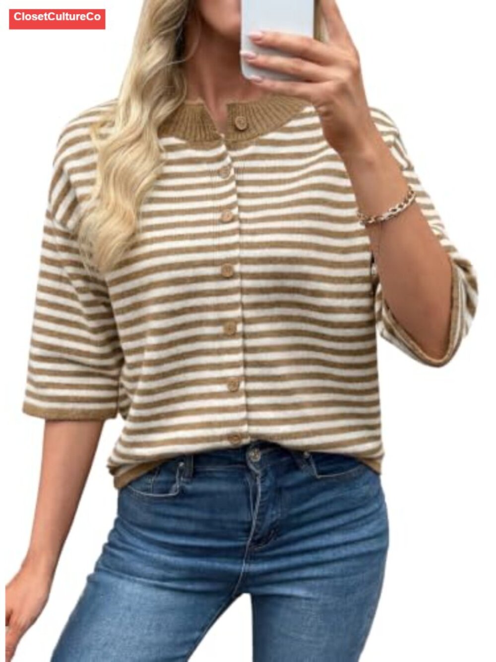 Women's 3/4 Sleeve Button Knit Cardigan Lightweight Acrylic